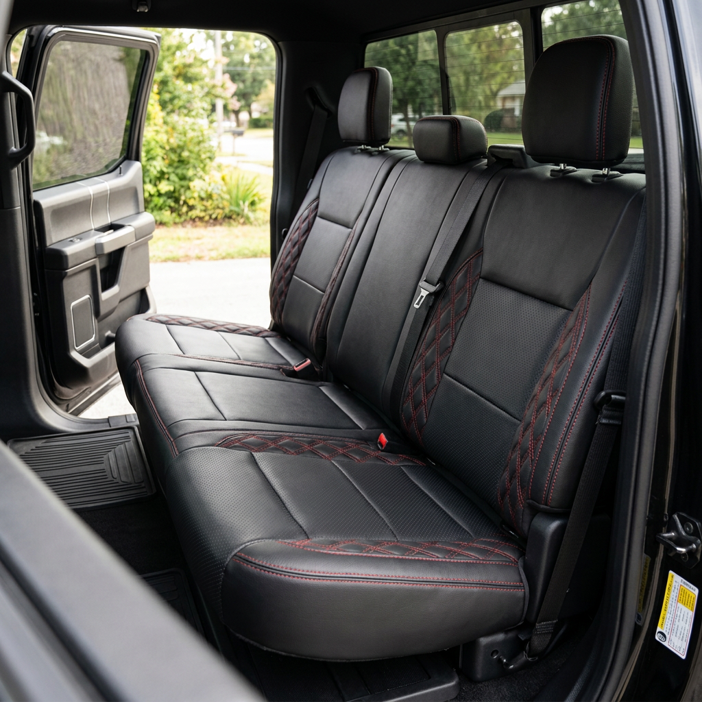 Rear in-cabin view of a 2021–2026 Ford F-250 XLT with Leatherteck leather rear bench seat covers in black, featuring perforated combination inserts, red double-diamond accent panels on the outer seats, and red contrast stitching throughout.