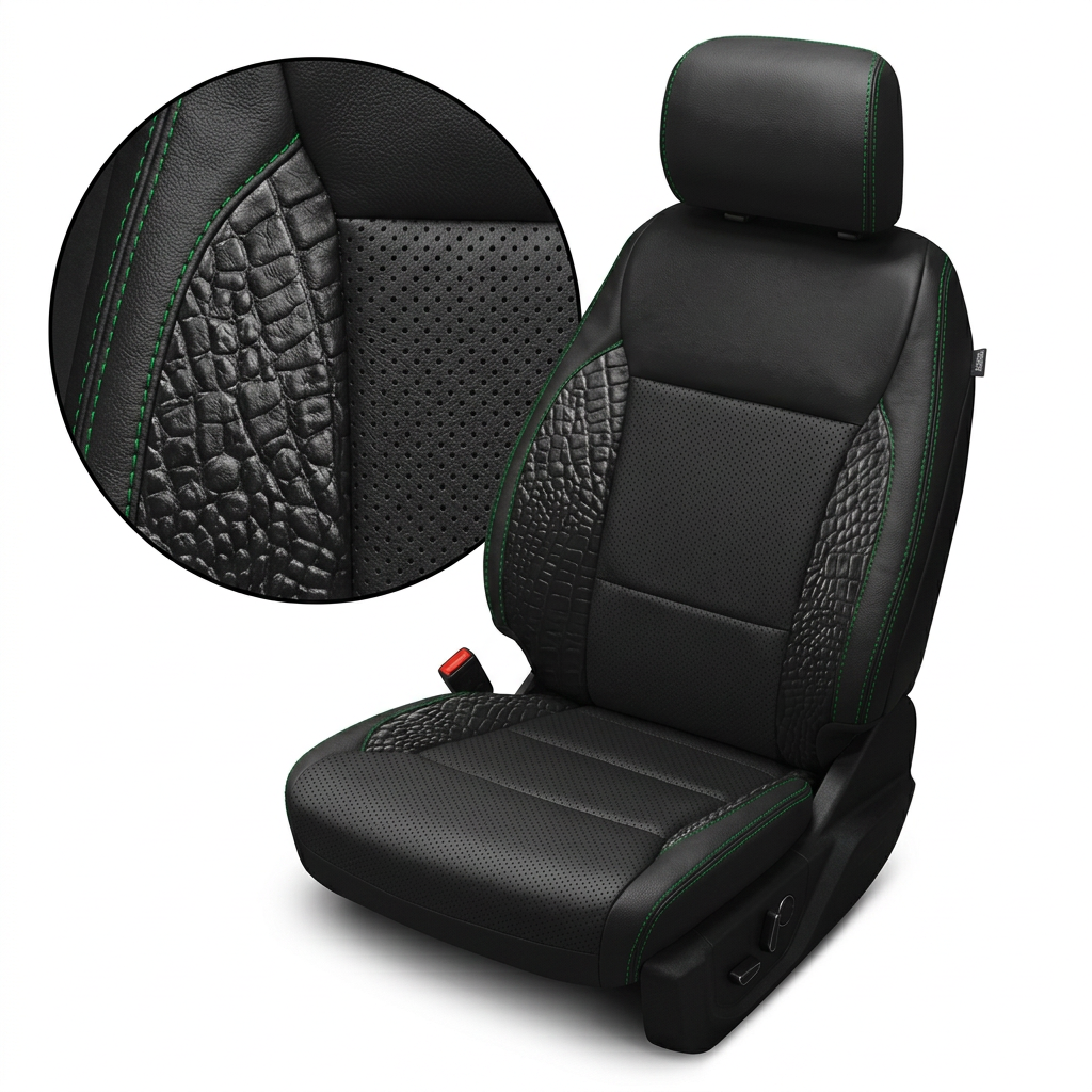 2021-2026 Ford F-150 XLT Katzkin Leather Seat Upholstery Kit – Black with Perforated Combination Inserts, Everglades Green Accent Panels, and Remington Green Contrast Stitching