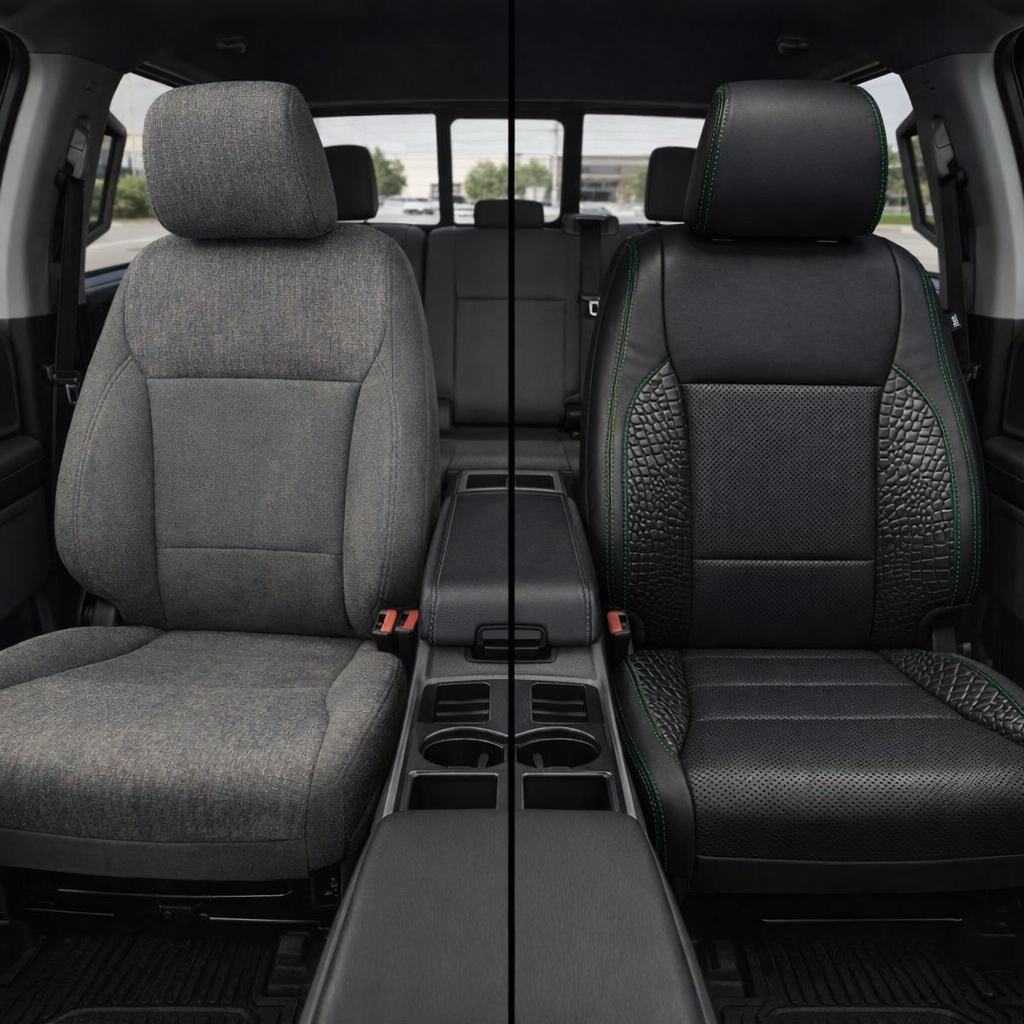 2021-2026 Ford F-150 XLT Katzkin Leather Seat Upholstery Kit – Black with Perforated Combination Inserts, Everglades Green Accent Panels, and Remington Green Contrast Stitching