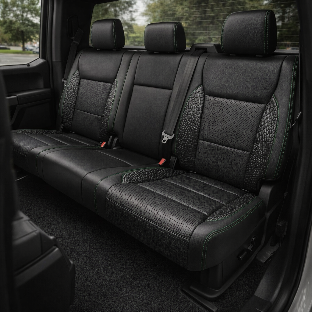 2021-2026 Ford F-150 XLT Katzkin Leather Seat Upholstery Kit – Black with Perforated Combination Inserts, Everglades Green Accent Panels, and Remington Green Contrast Stitching