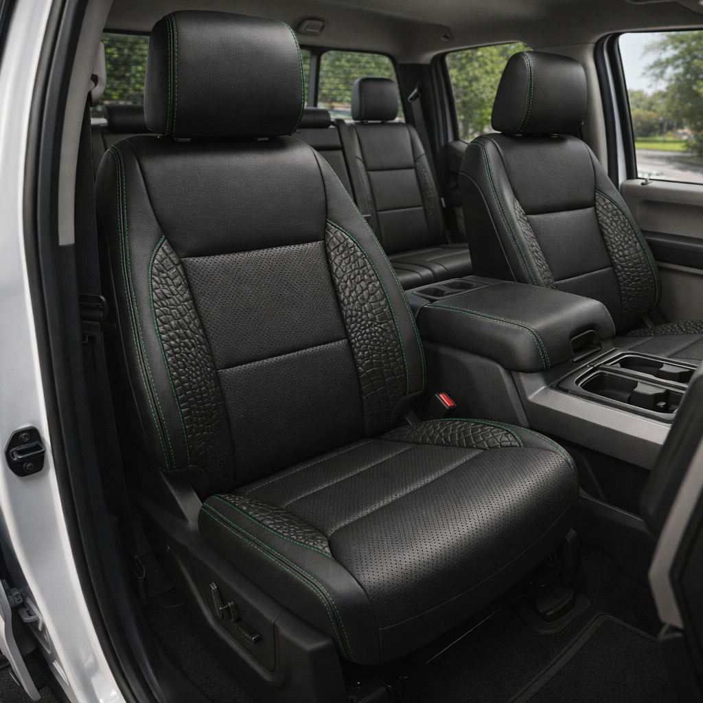 Front in-cabin view of a 2021–2026 Ford F-250 XLT featuring Leatherteck front seats in black with perforated combo center inserts, textured Everglades Green accent side panels, and Remington Green contrast stitching, with the center console and matching rear seats visible in the background.