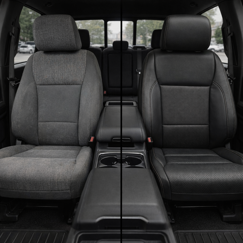 Before-and-after split front in-cabin view of a 2021–2026 Ford F-250 XLT: left side shows the factory gray cloth front seat, while right side shows a Leatherteck upgrade with black main seat color, perforated combo center inserts, and Stone Gray contrast stitching throughout, with the center console and cupholders visible between the seats and the rear bench in the background.