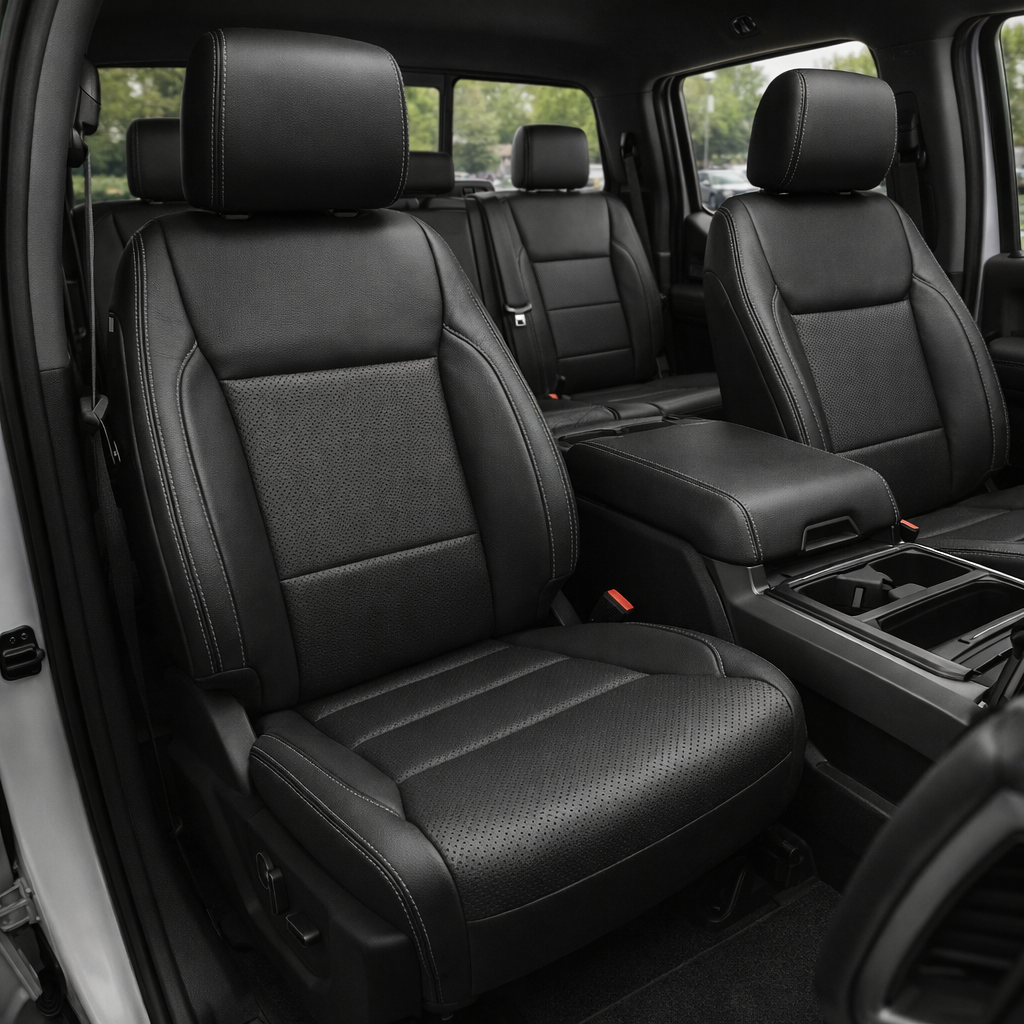 Front in-cabin view of a 2021–2026 Ford F-250 XLT featuring Leatherteck seat covers with black main seat color, perforated combo center inserts, and Stone Gray contrast stitching throughout, shown from an angled driver-side perspective with the center console and cupholders visible and the rear bench seat in the background.