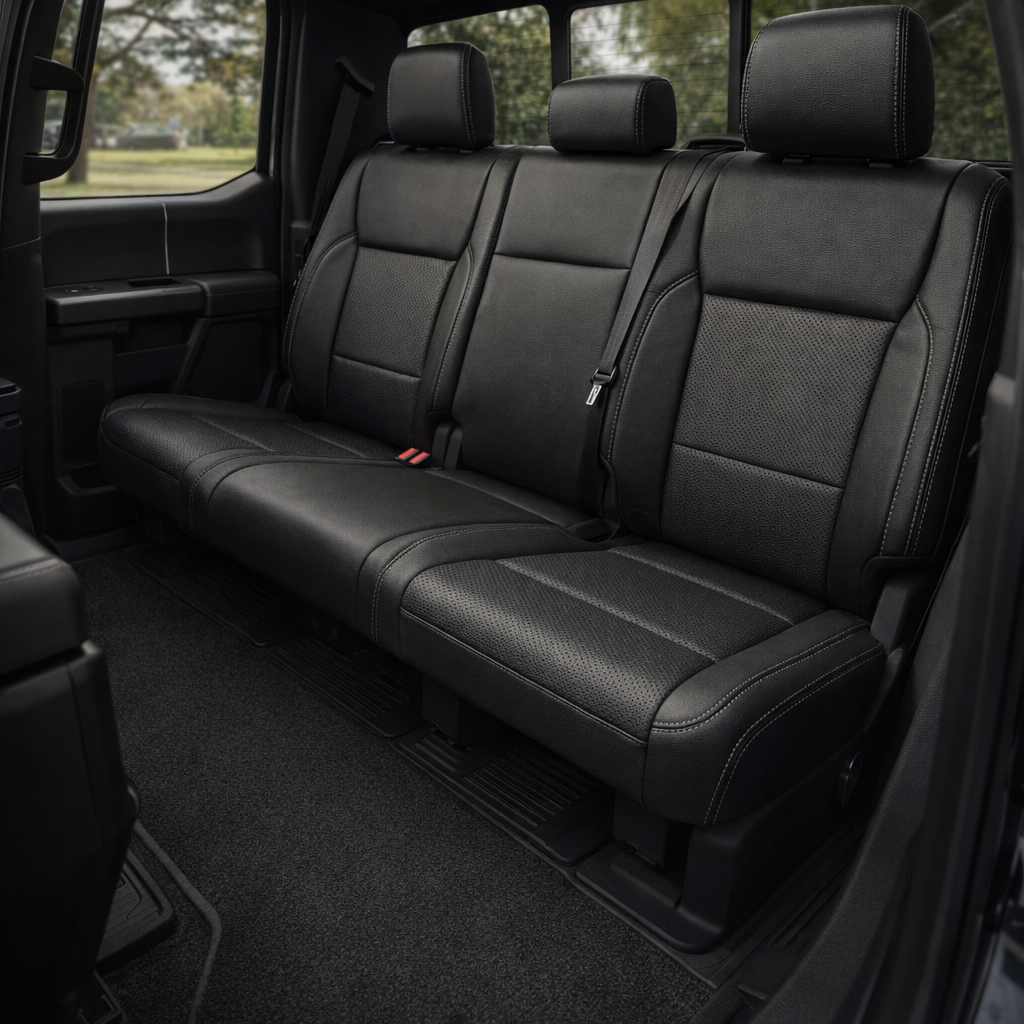 Rear in-cabin view of a 2021–2026 Ford F-250 XLT showing the Leatherteck rear bench seat in black with perforated combo center inserts and Stone Gray contrast stitching throughout, featuring three headrests, visible seatbelts, the rear door panel, and the rear window behind the seat.
