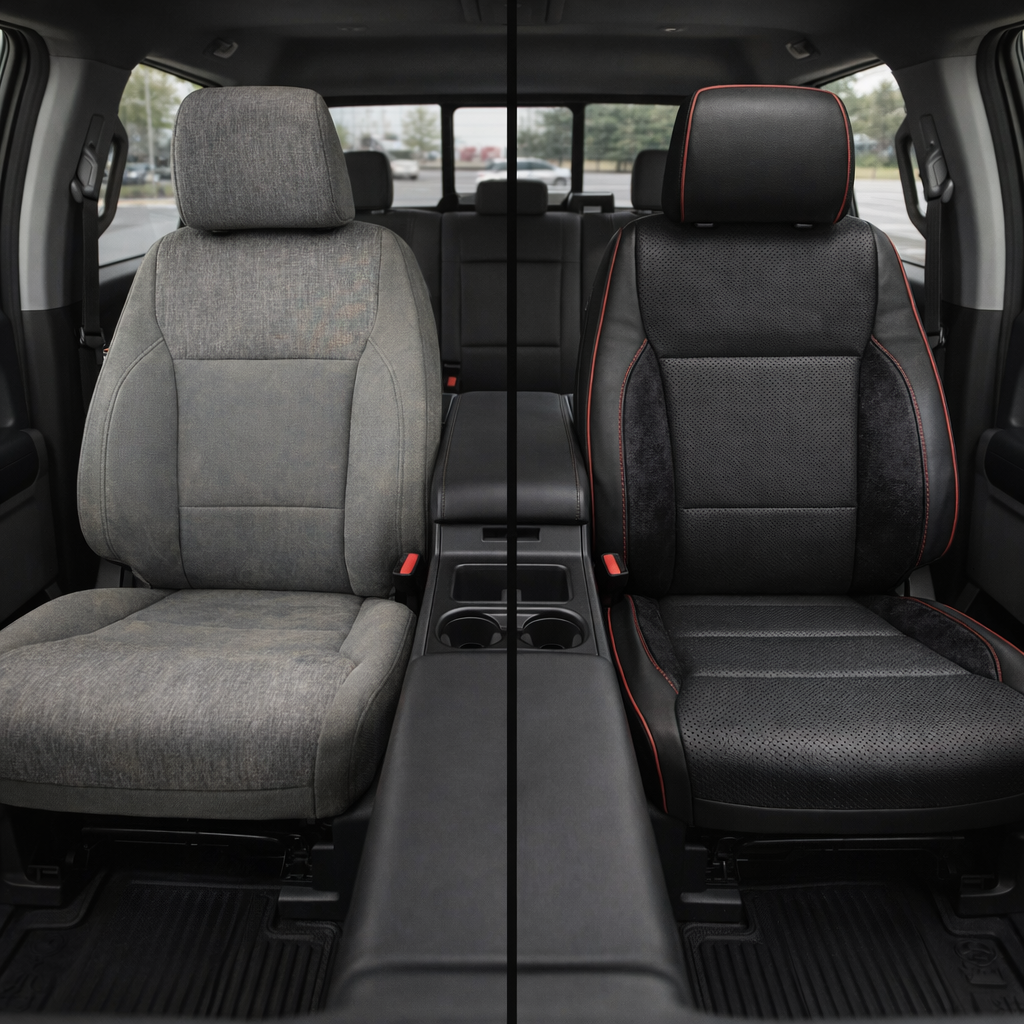 Before-and-after front in-cabin view of a 2021–2026 Ford F-250 XLT split down the middle: left shows the factory gray cloth front seat, while right shows a Leatherteck upgrade with black main seat color, perforated seating inserts, black automotive suede accent panels on the bolsters, and red piping with red contrast stitching outlining the seat, with the center console and rear bench visible in the background.
