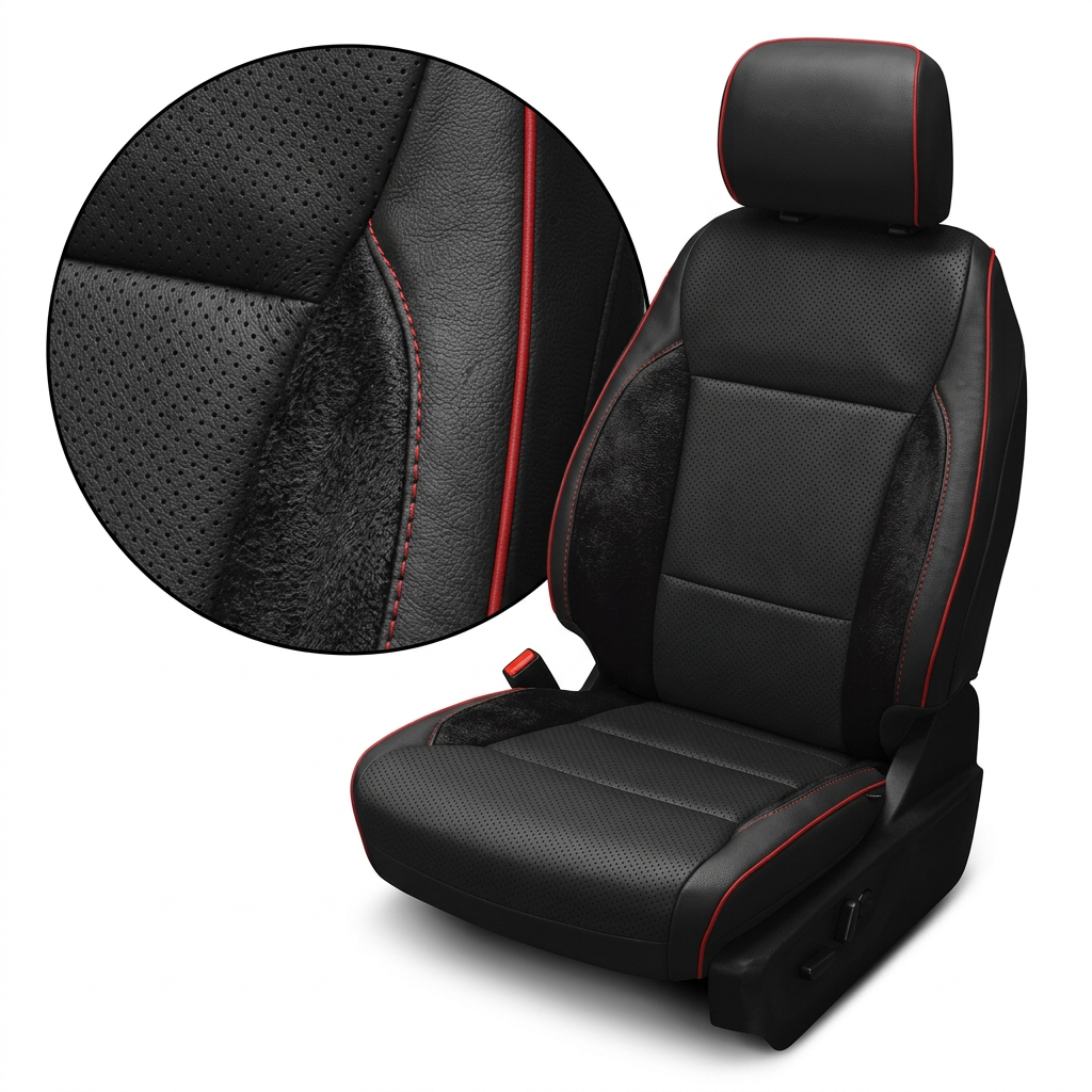 Close-up product image of a 2021–2026 Ford F-250 XLT Leatherteck seat cover featuring black main leather with perforated seating inserts, black automotive suede accent panels, and red piping with red contrast stitching, shown on a seat against a white background with a circular zoom highlighting the perforation pattern, suede texture, and stitched seam detail.