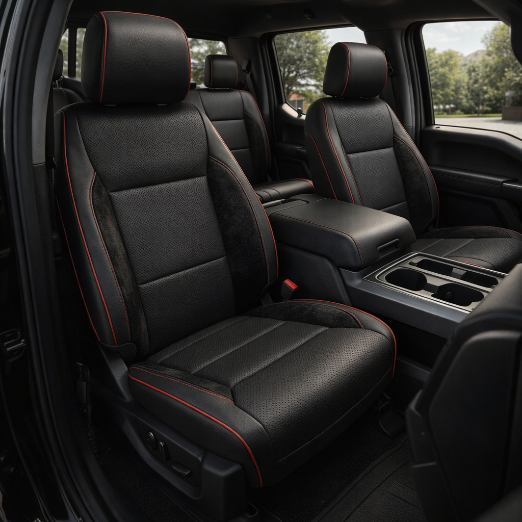 Front in-cabin view of a 2021–2026 Ford F-250 XLT featuring Leatherteck seat covers with black main seat color, perforated seating inserts, black automotive suede accent panels on the bolsters, and red piping with red contrast stitching throughout, shown from an angled driver-side perspective with the center console and cupholders visible.