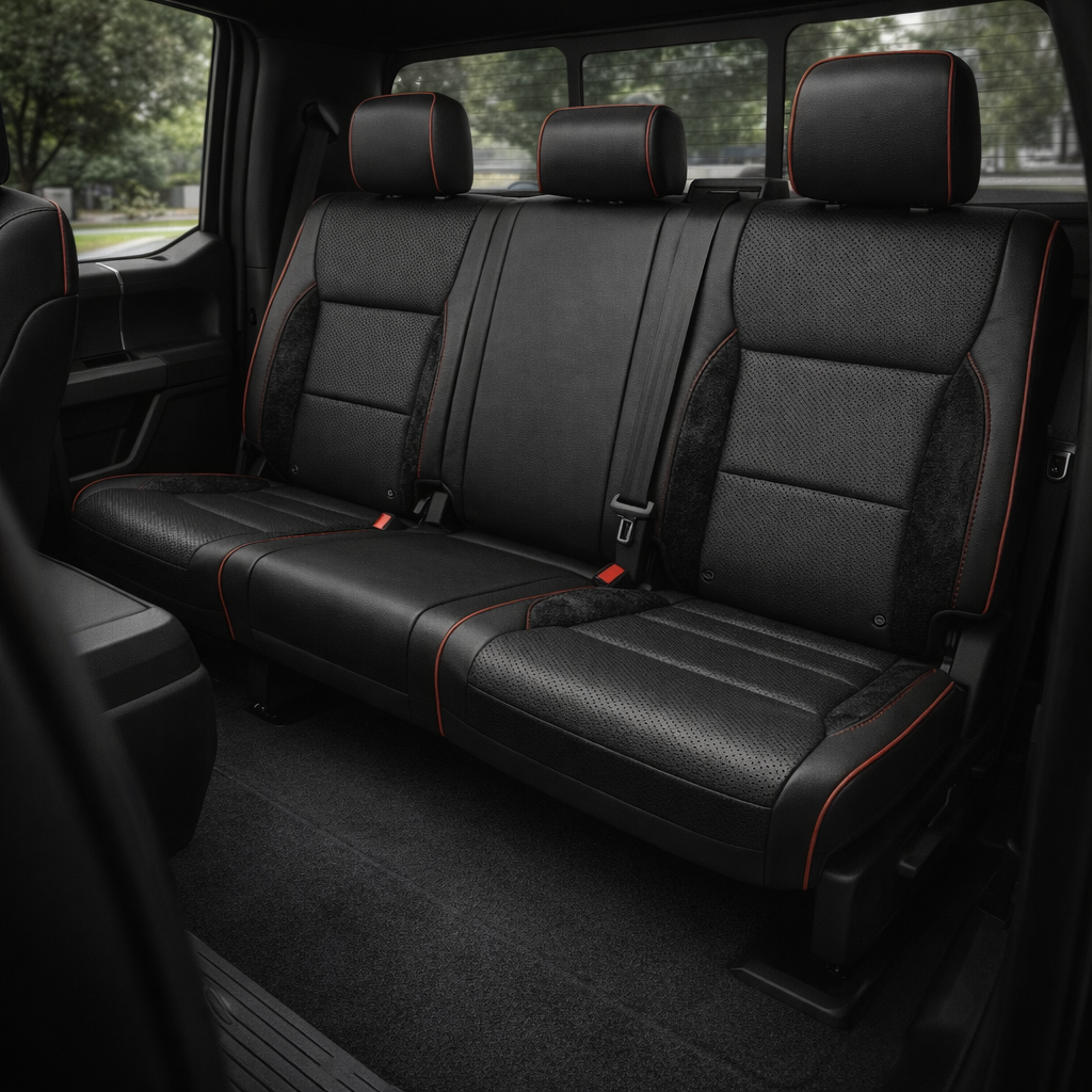 Rear in-cabin view of a 2021–2026 Ford F-250 XLT showing the Leatherteck rear bench seat upholstered in black with perforated seating inserts, black automotive suede accent panels, and red piping with red contrast stitching throughout, featuring three headrests, visible seatbelts, and the rear window behind the seat.