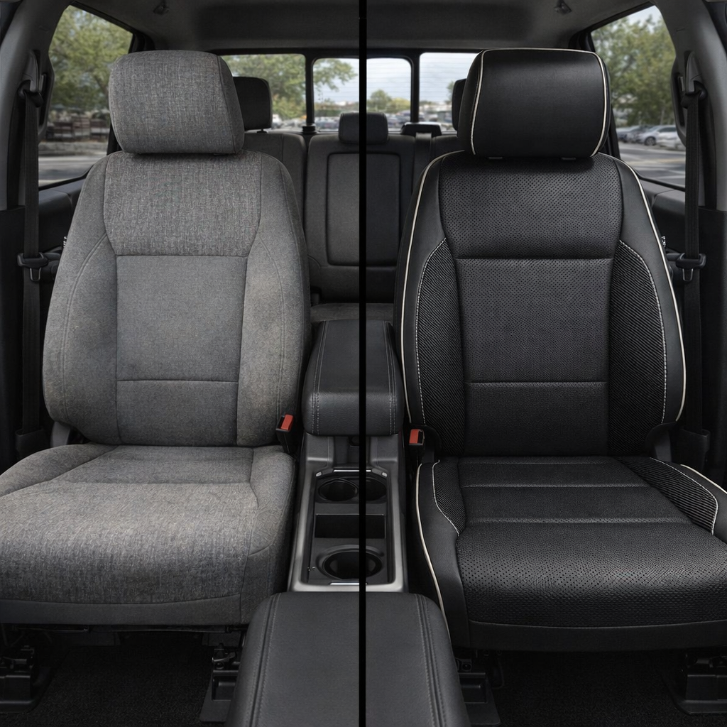 Before-and-after split front in-cabin view of a 2021–2026 Ford F-250 XLT: left side shows the factory gray cloth front seat, while right side shows the Leatherteck upgrade with black main seat color and perforated black seating inserts, Carbon Shadow Vinyl accent panels on the outer seat sections, and Pearl White contrast stitching with Pearl White piping outlining the seat, with the center console and cupholders visible between the seats.
