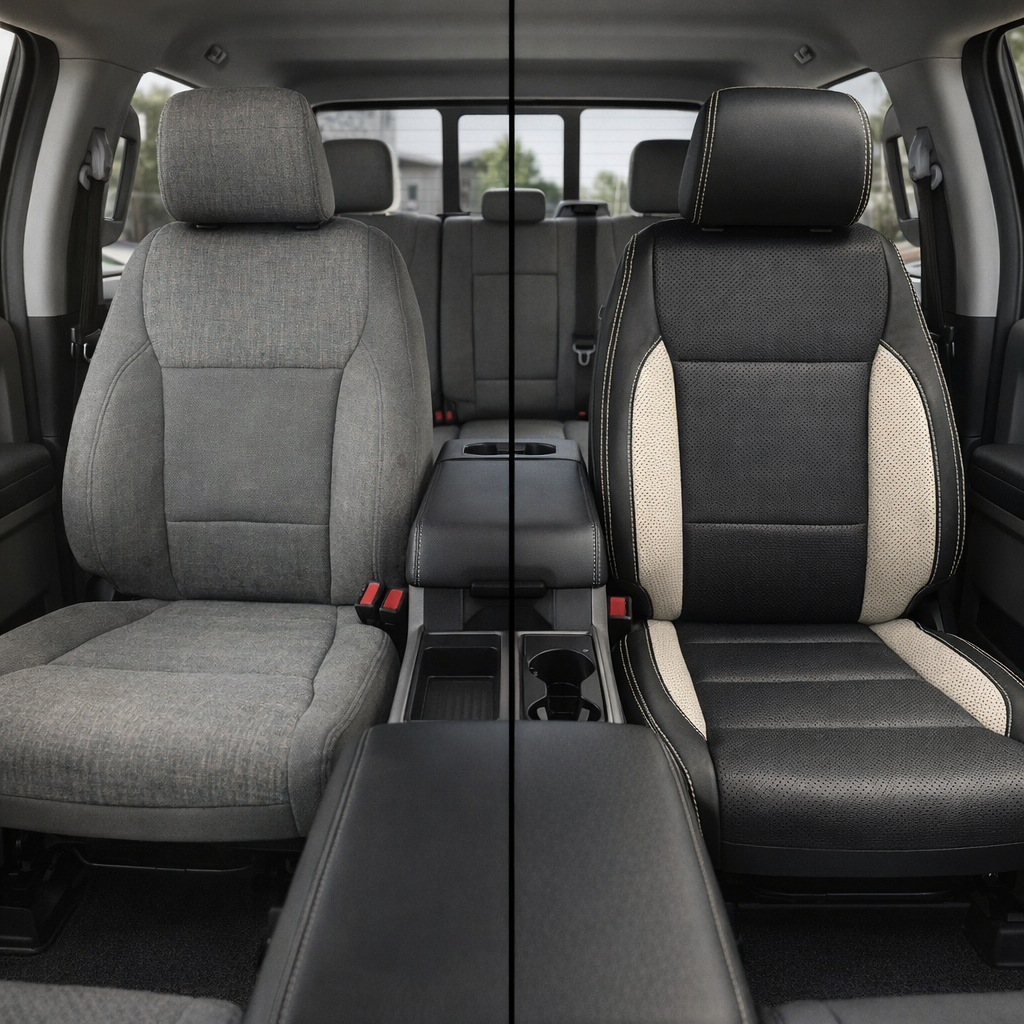 Before-and-after front in-cabin view of a 2021–2026 Ford F-250 XLT split down the center: left shows the factory gray cloth front seat, while right shows a Leatherteck upgrade with black main seat color, perforated seating inserts, Pearl White perforated accent panels on the sides, and Pearl White contrast stitching throughout, with the center console and rear bench visible in the background.