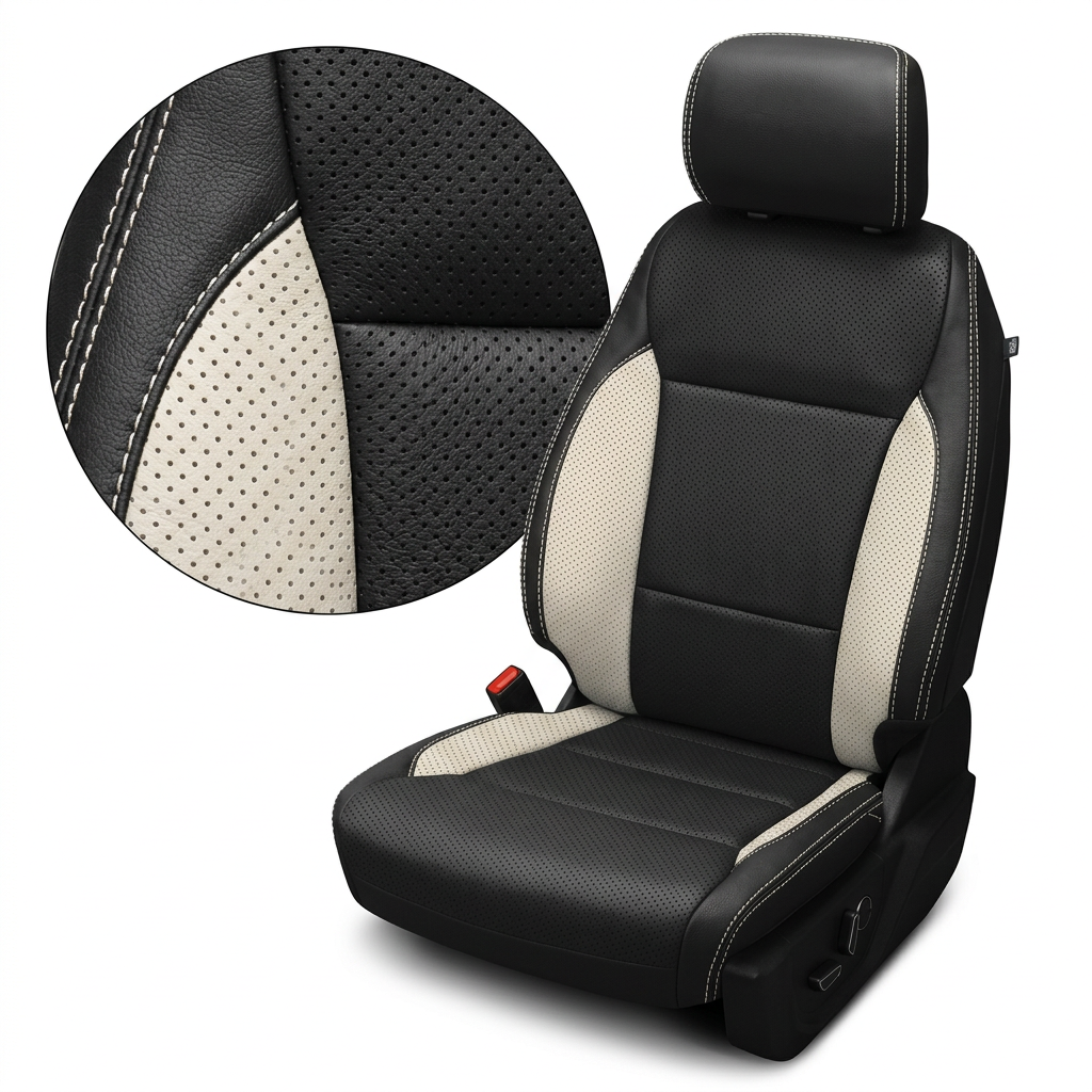 Close-up product image of a 2021–2026 Ford F-250 XLT Leatherteck seat cover in black with perforated seating inserts, Pearl White perforated accent panels on the bolsters, and Pearl White contrast stitching throughout, shown on a seat against a white background with a circular zoom highlighting the perforation pattern, leather grain texture, and double-stitched seam detail.