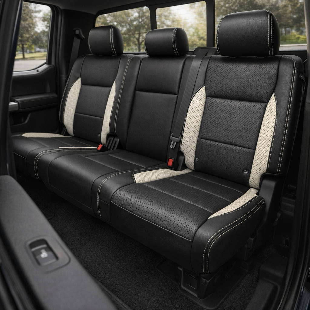 Rear in-cabin view of a 2021–2026 Ford F-250 XLT showing the Leatherteck rear bench seat in black with perforated seating inserts, Pearl White perforated accent panels on the outer seat bolsters, and Pearl White contrast stitching throughout, with three headrests, visible seatbelts, and the rear window in the background.