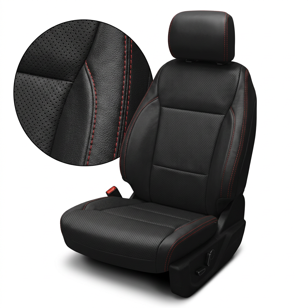 Close-up product image of a 2021–2026 Ford F-250 XLT Leatherteck seat cover in black with perforated seating inserts and red contrast stitching throughout, shown on a seat against a white background with a circular zoom highlighting the perforation pattern, leather grain texture, and red-stitched seam detail.