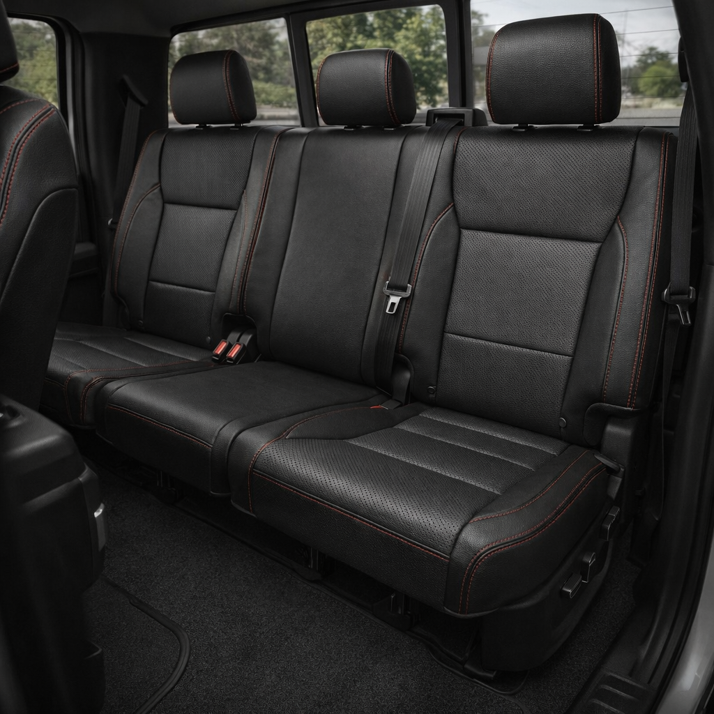 Rear in-cabin view of a 2021–2026 Ford F-250 XLT showing the Leatherteck rear bench seat in black with perforated seating inserts and red contrast stitching throughout, featuring three headrests, visible seatbelts, and the rear window and door trim in the background.