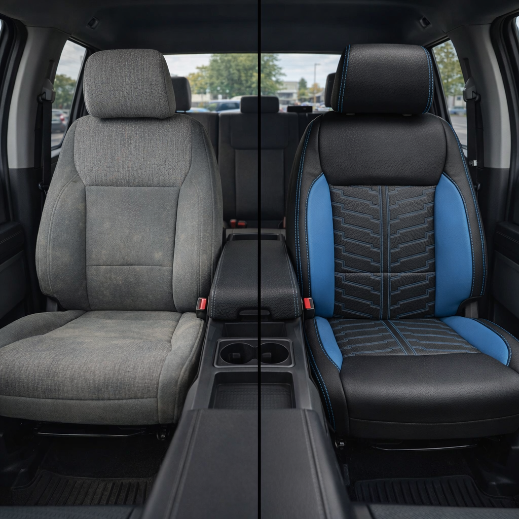 Before-and-after split front in-cabin view of a 2021–2026 Ford F-250 XLT: left side shows the factory gray cloth front seat, while right side shows the Leatherteck upgrade in black with Bahama Blue accent panels, a patterned/perforated-look Bahama Blue center insert, and Bahama Blue contrast stitching, with the center console and cupholders visible between the seats.
