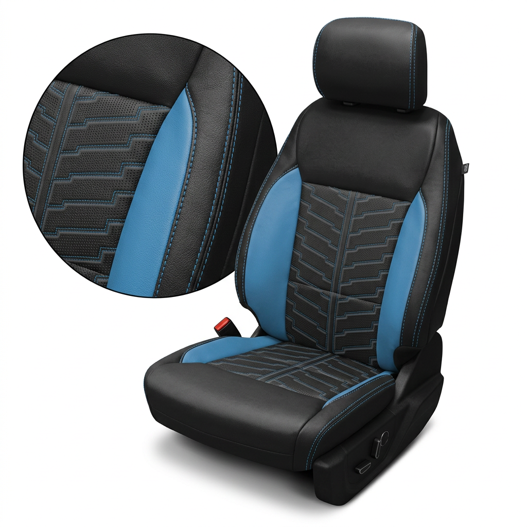 2021-2026 Ford F-150 XLT Katzkin Leather Seat Upholstery Kit – Black with Bahama Blue Accent Panels, Perforated Electric Circuit Pattern Inserts in Bahama Blue, and Bahama Blue Contrast Stitching