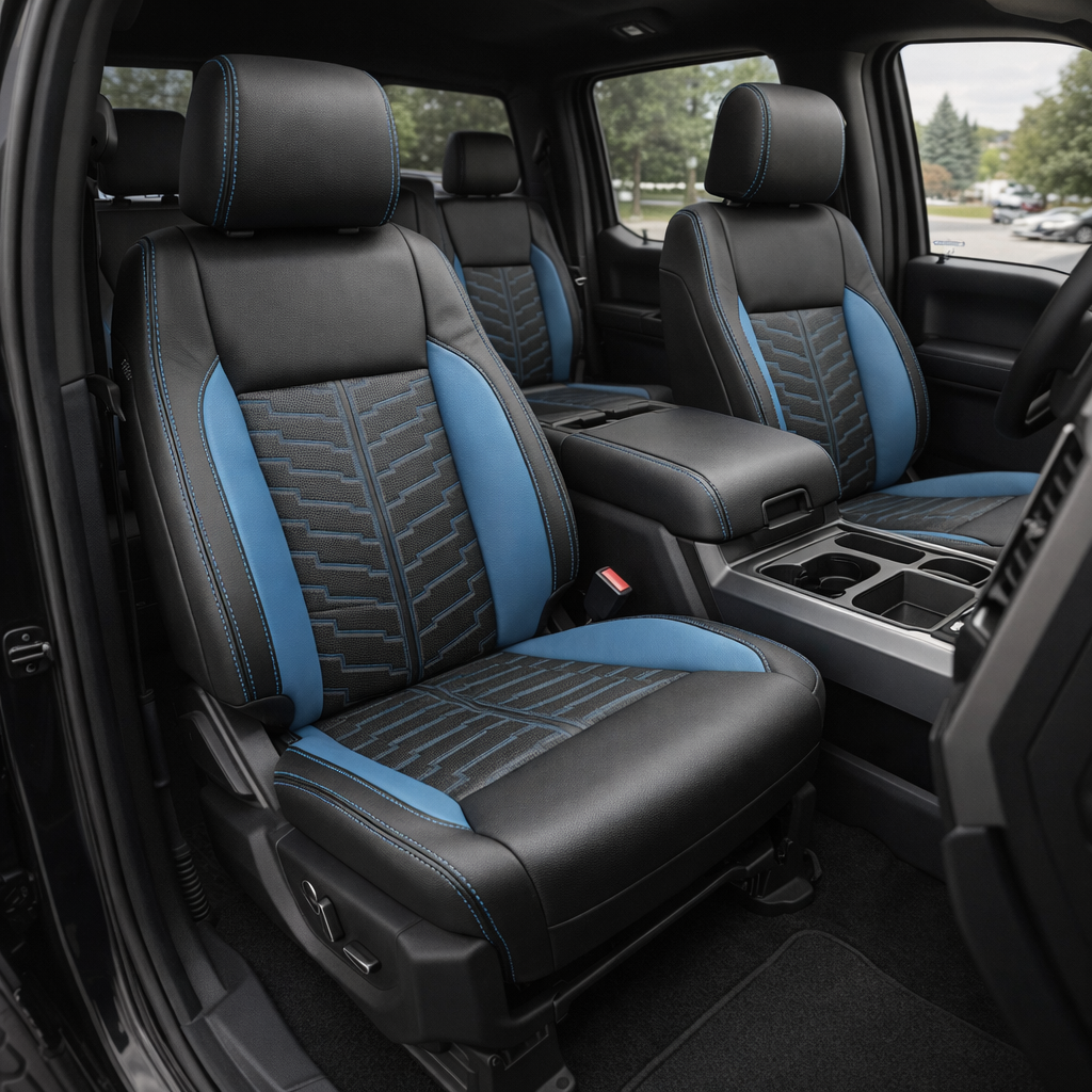 Front in-cabin view of a 2021–2026 Ford F-250 XLT featuring Leatherteck seat covers in black with Bahama Blue accent panels, Bahama Blue perforated inserts, and Bahama Blue contrast stitching throughout, shown from an angled driver-side perspective with both front seats, the center console, and cupholders visible.