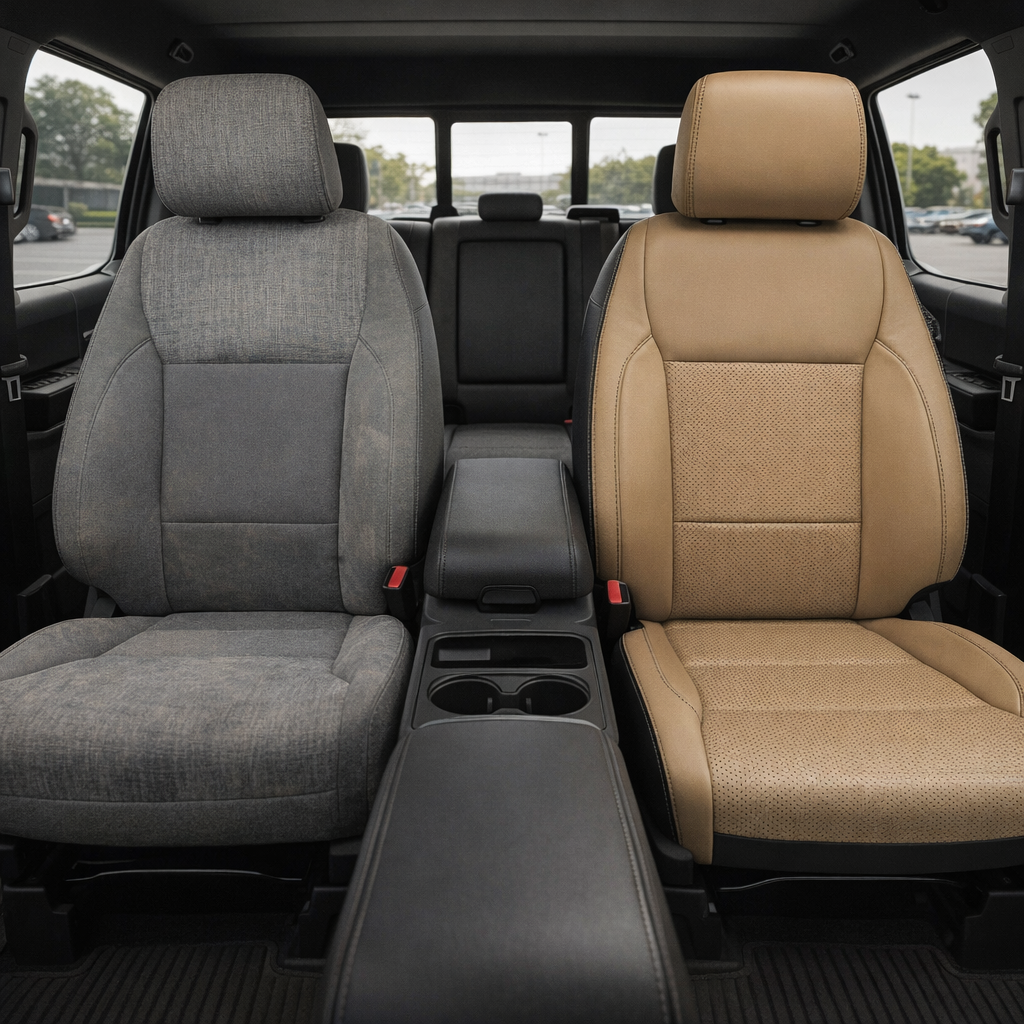 2021-2026 Ford F-150 XLT Katzkin Leather Seat Upholstery Kit – Black with Bisque Beige Front-Facing Seat Panels, Perforated Combination Inserts, and Stone Gray Contrast Stitching