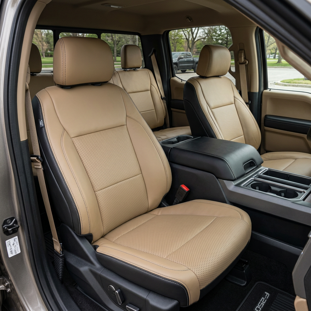 Front in-cabin view of a 2021–2026 Ford F-250 XLT showing Leatherteck seat covers with black main bolsters, Bisque Beige front-facing panels, Stone Gray perforated combination center inserts, and Stone Gray contrast stitching on the front seats and matching rear bench.