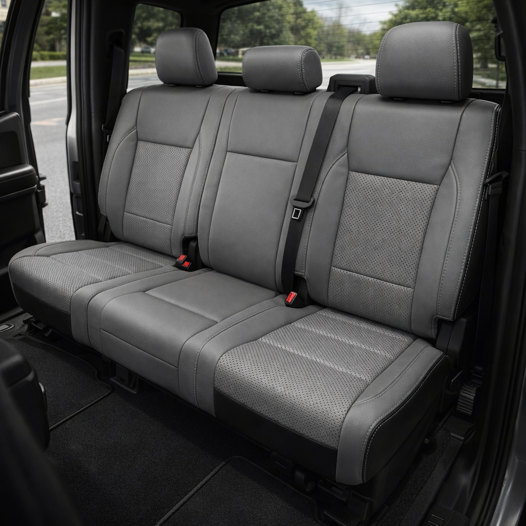 2021-2026 Ford F-150 XLT Katzkin Leather Seat Upholstery Kit – Black with Lunar Gray Front-Facing Seat Panels, Perforated Combination Inserts, and Stone Gray Contrast Stitching