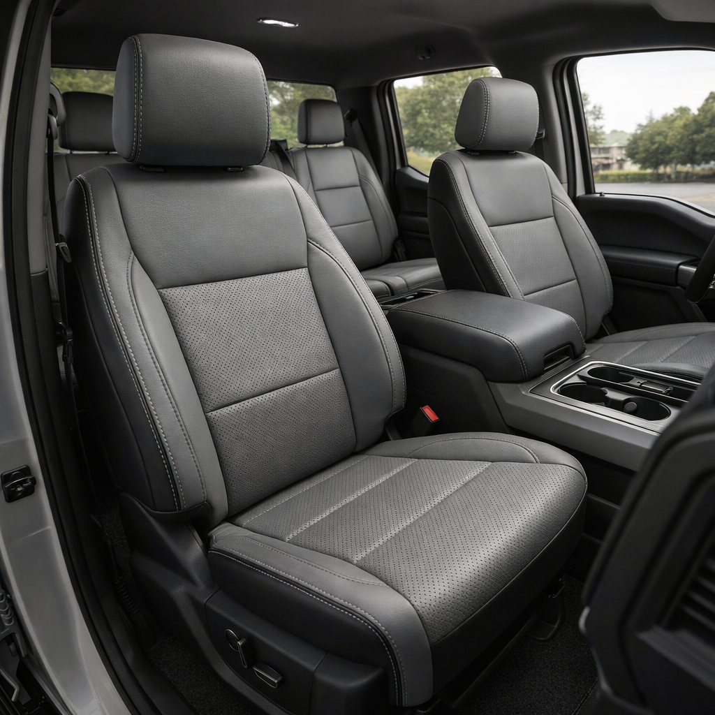 2021-2026 Ford F-150 XLT Katzkin Leather Seat Upholstery Kit – Black with Lunar Gray Front-Facing Seat Panels, Perforated Combination Inserts, and Stone Gray Contrast Stitching