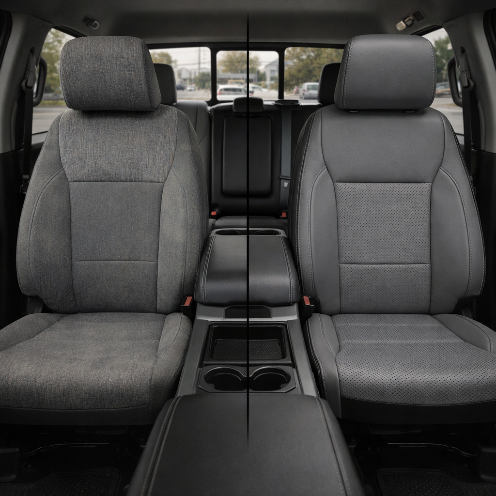 Before-and-after front in-cabin view of a 2021–2026 Ford F-250 XLT: left shows the factory gray cloth front seat, right shows a Leatherteck upgrade with black outer bolsters, Lunar Gray front-facing seat panels, Stone Gray perforated combination inserts in the center sections, and Stone Gray contrast stitching, split by a vertical divider with the center console visible.
