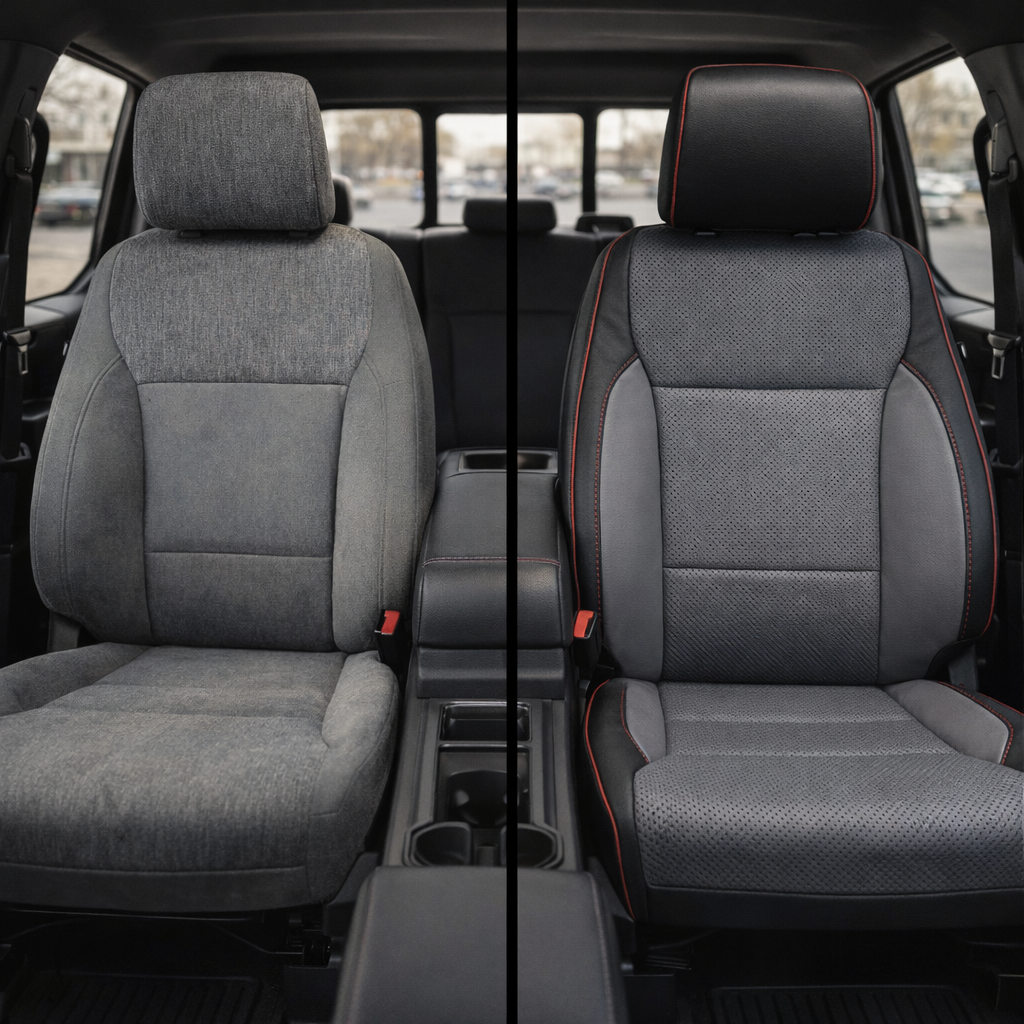 Before-and-after split front in-cabin view of a 2021–2026 Ford F-250 XLT: left side shows the factory gray cloth front seat, while right side shows the Leatherteck upgrade with black bolsters, Lunar Gray perforated seating inserts and Lunar Gray accent panels, finished with red piping and red contrast stitching, with the center console and cupholders visible between the seats.