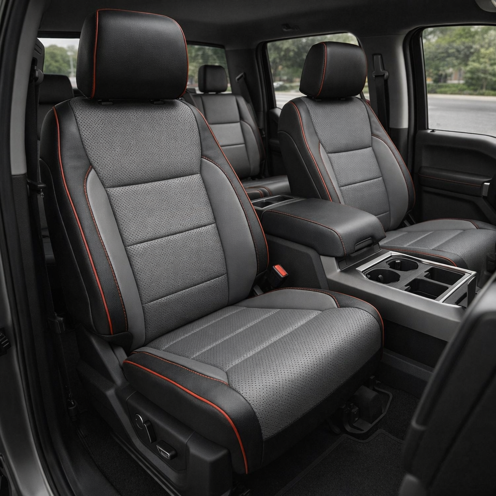 Front in-cabin view of a 2021–2026 Ford F-250 XLT showing Leatherteck seat covers with black outer bolsters, Lunar Gray perforated seating inserts and Lunar Gray accent panels, finished with red piping and red contrast stitching, with both front seats, the center console, and cupholders/storage tray visible and the rear seat in the background.