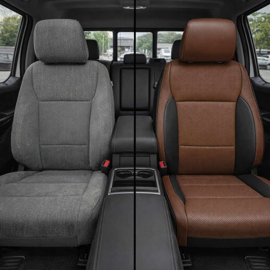 Before-and-after split front in-cabin view of a 2021–2026 Ford F-250 XLT: left side shows the factory gray cloth front seat, while right side shows the Leatherteck upgrade with black main seat color, Mahogany Brown front-facing seat panels with perforated seating inserts, black accent panels, and Stone Gray contrast stitching, with the center console and cupholders visible between the seats.