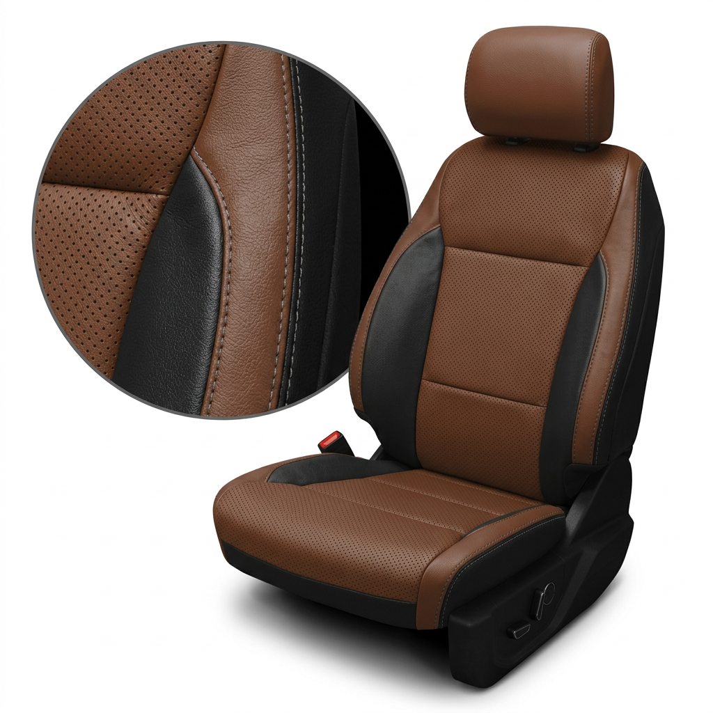 Close-up product image of a 2021–2026 Ford F-250 XLT Leatherteck seat cover on a white background, featuring black outer bolsters with Mahogany Brown front-facing panels and perforated Mahogany Brown seating inserts, black accent side panels, and Stone Gray contrast stitching; a circular zoom highlights the perforation pattern, material grain, and stitched seam detail.