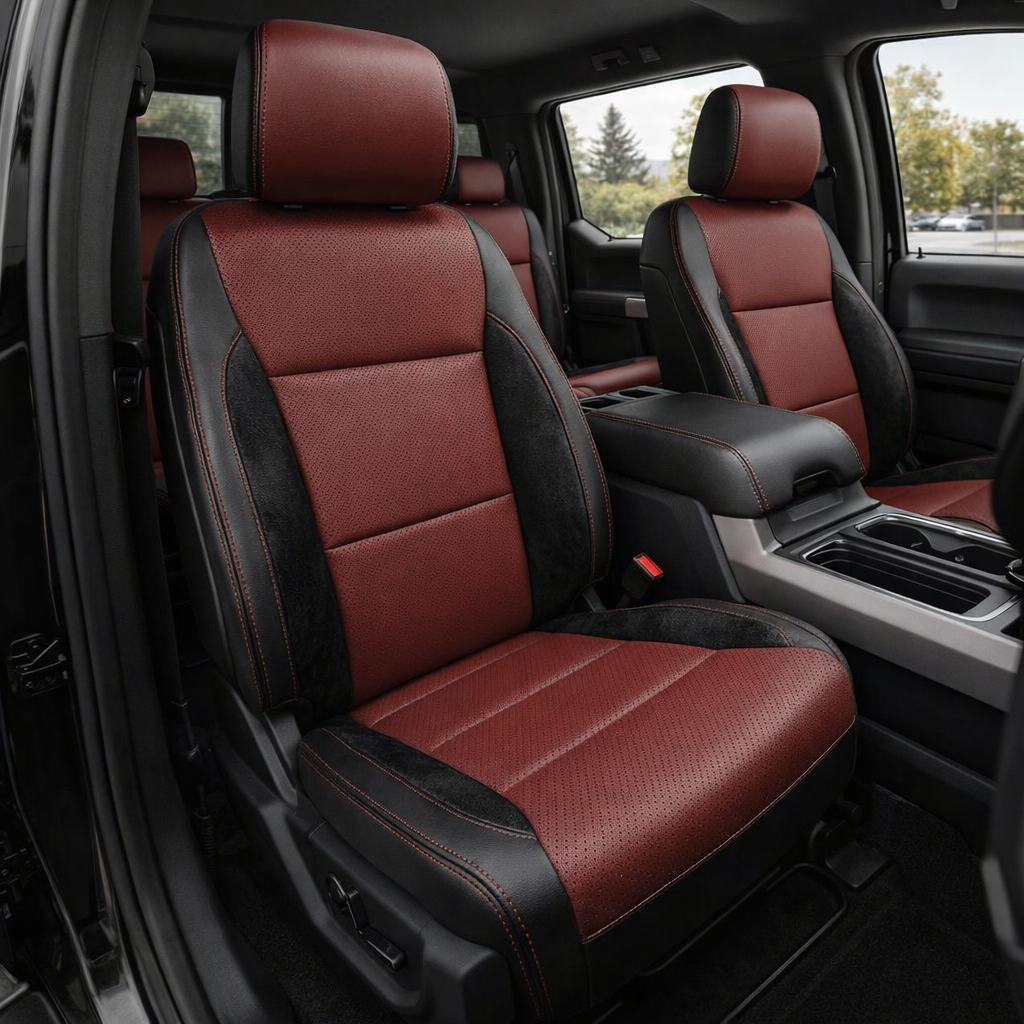 Front in-cabin view of a 2021–2026 Ford F-250 XLT featuring Leatherteck front seat covers with black outer bolsters, Medium Red perforated center inserts, black automotive suede accent side panels, and Medium Red contrast stitching, with the center console and matching passenger seat visible in the background.