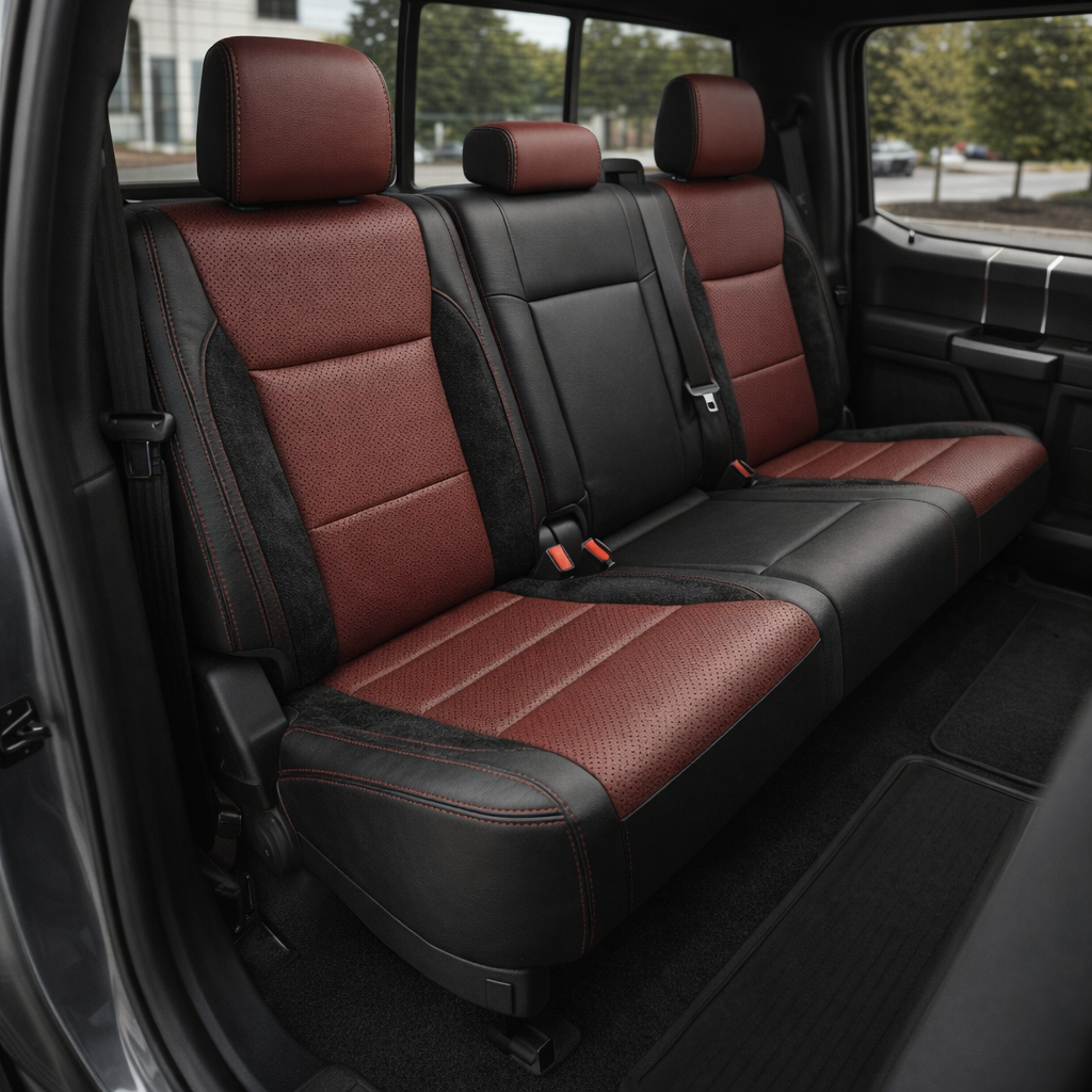 Rear in-cabin view of a 2021–2026 Ford F-250 XLT showing the Leatherteck rear bench seat with black bolsters, Medium Red perforated center inserts, black automotive suede accent panels, and Medium Red contrast stitching, featuring three headrests, visible seatbelts, and the rear door panel and windows in the background.