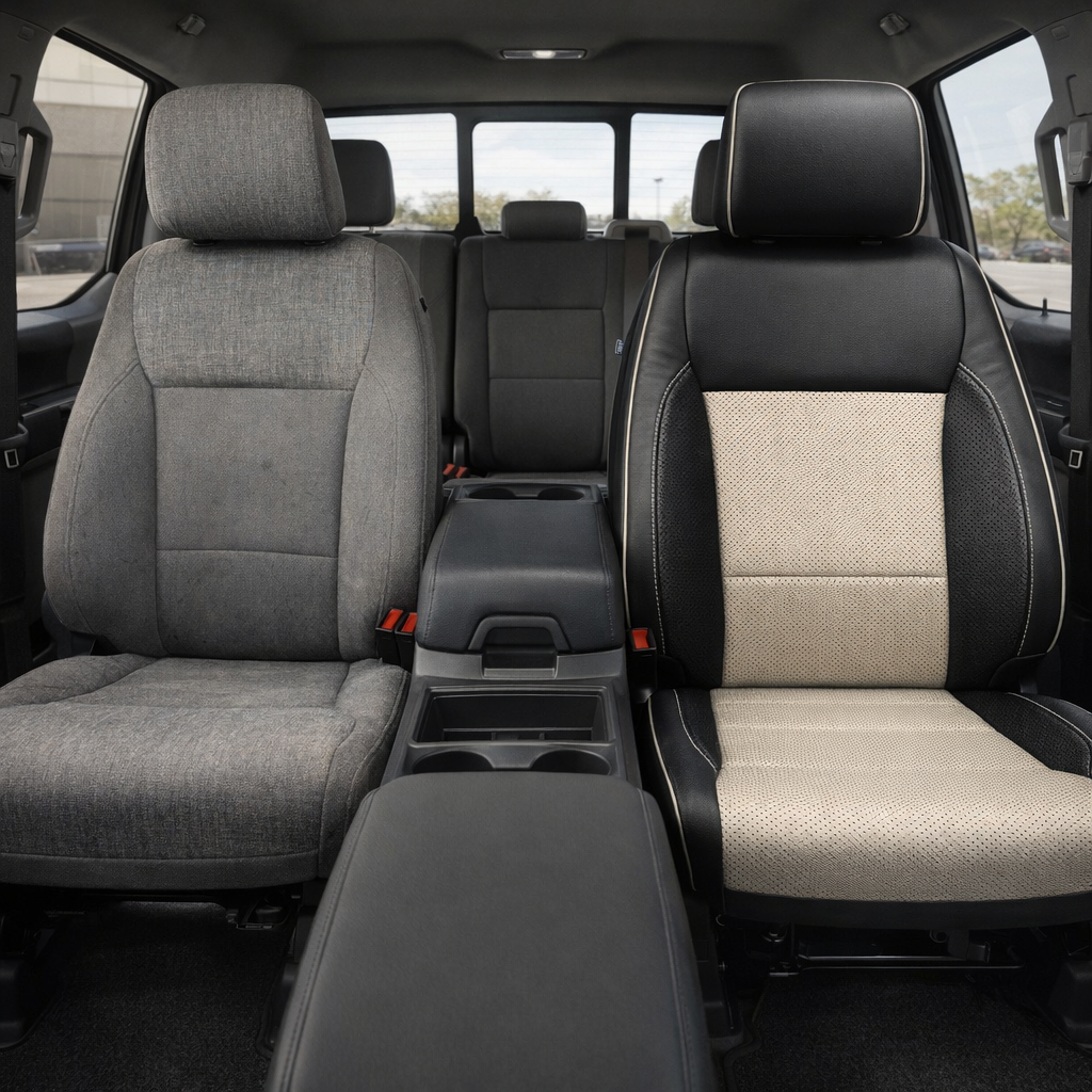 Before-and-after front in-cabin view of a 2021–2026 Ford F-250 XLT: left shows the factory gray cloth front seat, right shows a Leatherteck upgrade in black with white combination insert center panels, perforated combination inserts, perforated accent panels, white contrast stitching, and white piping, with the center console and rear seat visible in the background.