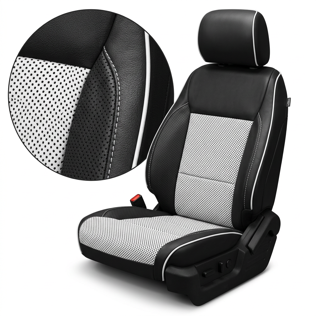 Close-up product image of a 2021–2026 Ford F-250 XLT Leatherteck seat cover in black featuring white combination insert center panels with perforated combination inserts, perforated accent side panels, white contrast stitching, and white piping, shown on a seat against a white background with a circular zoom highlighting the perforation pattern and stitching detail.