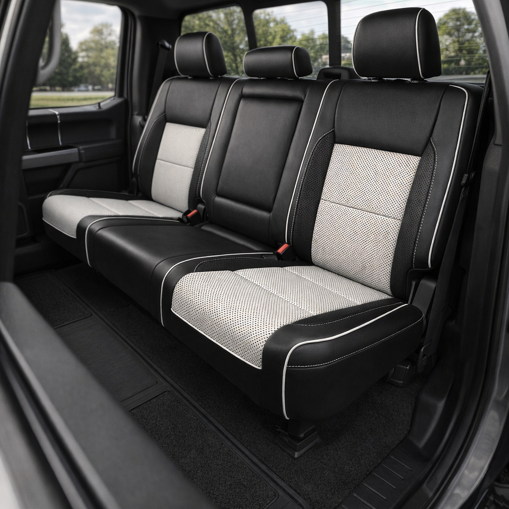 Rear in-cabin view of a 2021–2026 Ford F-250 XLT showing the Leatherteck rear bench seat in black with white combination insert center panels, perforated combination inserts, perforated accent side panels, and white contrast stitching with white piping outlining the seat edges, with headrests, seatbelts, door panel, and rear windows visible.