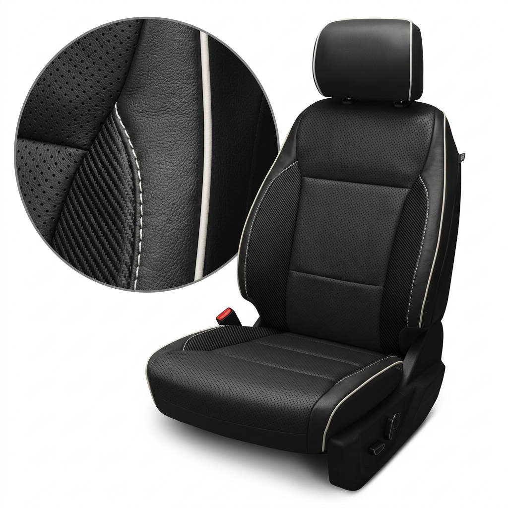 2021-2026 Ford F-150 XLT Katzkin Leather Seat Upholstery Kit – Black with Perforated Body Inserts, Carbon Shadow Vinyl Accent Panels, Pearl White Contrast Stitching, and Pearl White Piping