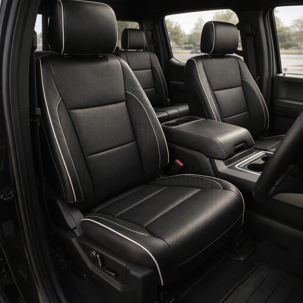 2021-2026 Ford F-150 XLT Katzkin Leather Seat Upholstery Kit – Black with Perforated Body Inserts, Carbon Shadow Vinyl Accent Panels, Pearl White Contrast Stitching, and Pearl White Piping