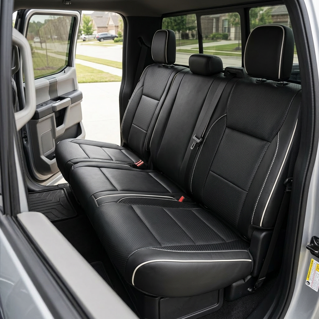 Rear in-cabin view of a 2021–2026 Ford F-250 XLT showing the Leatherteck rear bench seat in black with perforated black seating inserts, Carbon Shadow Vinyl accent panels on the outer sections, and Pearl White contrast stitching with Pearl White piping outlining the seat edges; the rear door is open, with visible seatbelts/buckles and the rear window behind the bench.