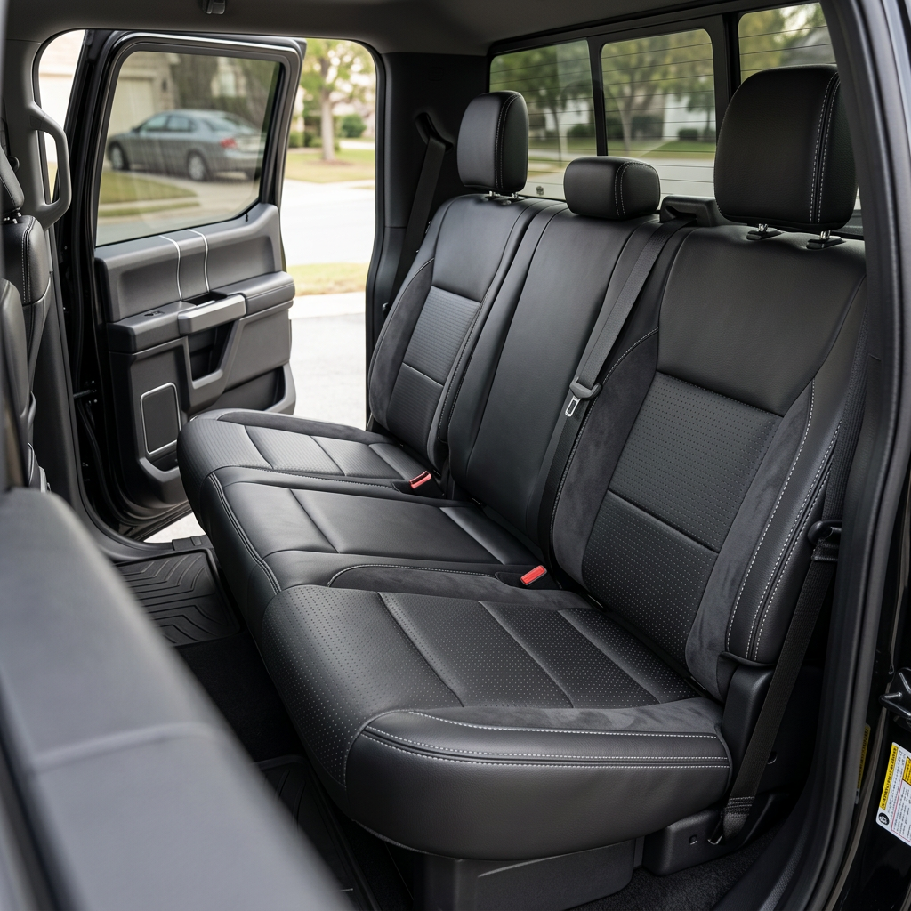 2021-2026 Ford F-150 XLT Katzkin Leather Seat Upholstery Kit – Black with Square Perforated Black Face with Grey Background Combination Inserts, Dark Slate Automotive Suede Accent Panels, and Silver Contrast Stitching