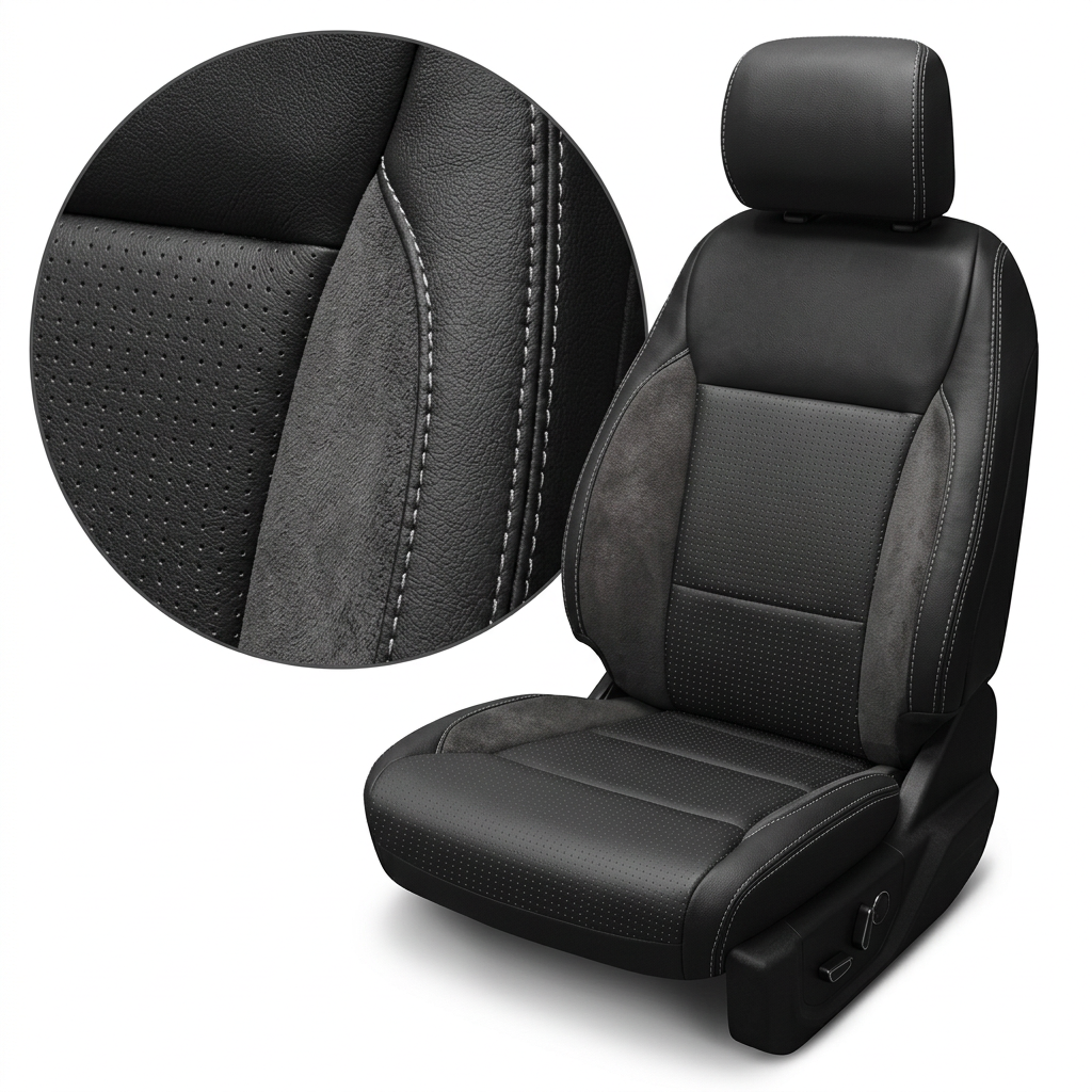 2021-2026 Ford F-150 XLT Katzkin Leather Seat Upholstery Kit – Black with Square Perforated Black Face with Grey Background Combination Inserts, Dark Slate Automotive Suede Accent Panels, and Silver Contrast Stitching
