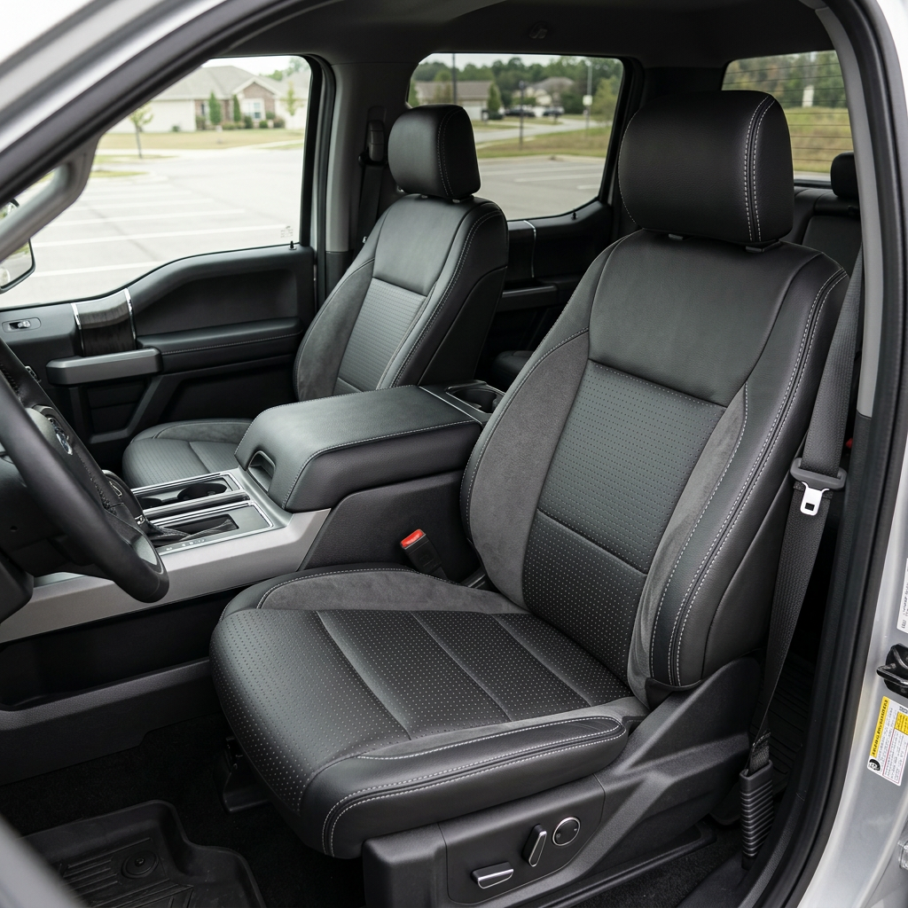Front in-cabin view of a 2021–2026 Ford F-250 XLT showing Leatherteck front seat covers in black with a square-perforated black face and gray combo center inserts, Dark Slate automotive suede accent side panels, and silver contrast stitching, with the center console and matching rear seat visible in the background.