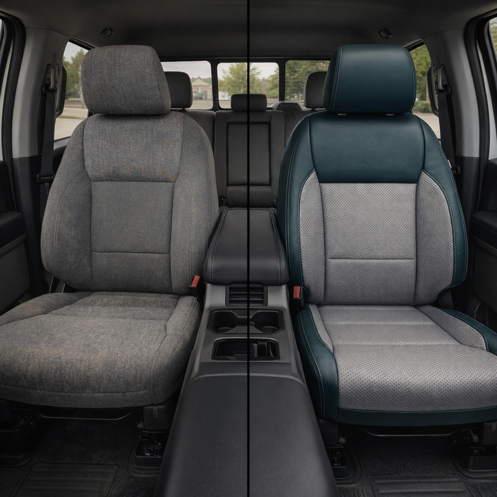 Before-and-after front in-cabin view of a 2021–2026 Ford F-250 XLT split down the center: left shows the factory gray cloth driver seat, while right shows a Leatherteck upgrade with blue main seat color, Lunar Gray perforated combo center inserts, Lunar Gray perforated accent panels on the bolsters, and Lunar Gray contrast stitching, with the center console and rear seats visible in the background.