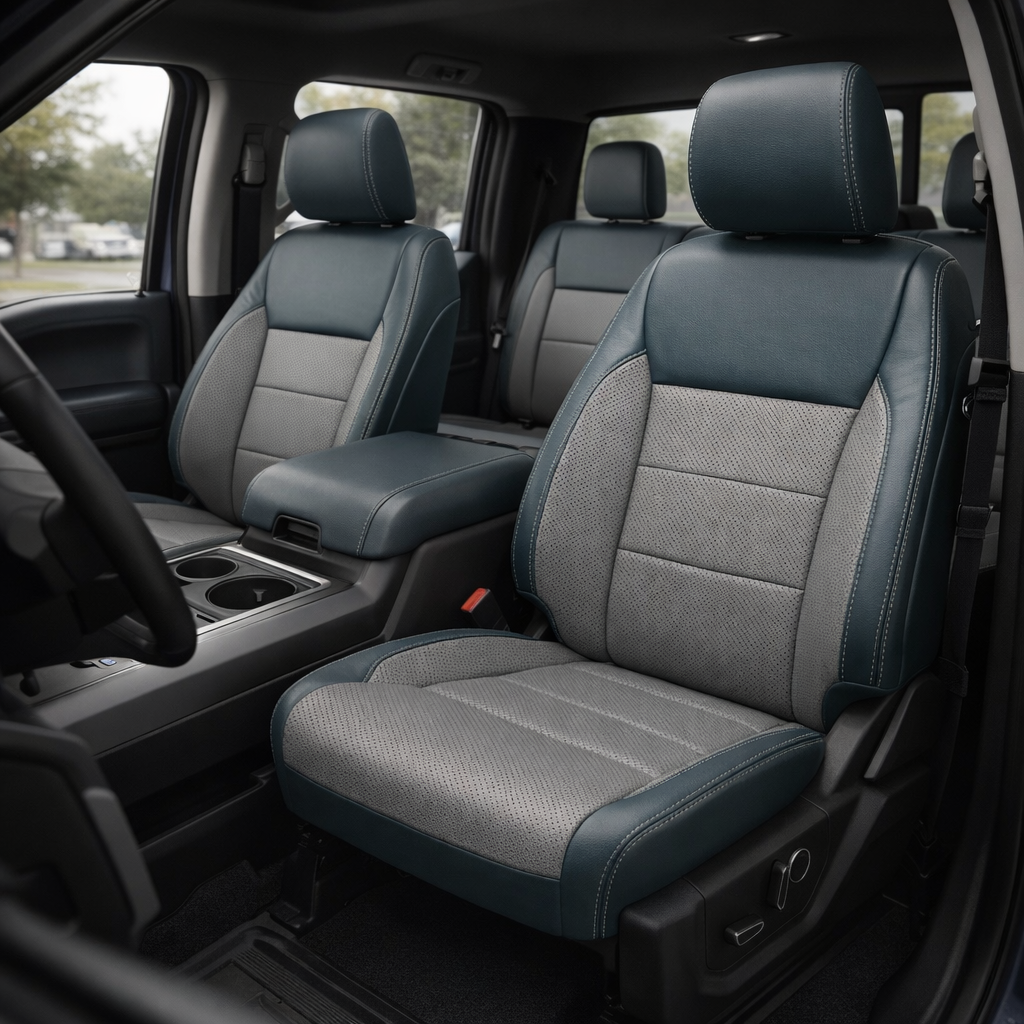 Front in-cabin view of a 2021–2026 Ford F-250 XLT featuring Leatherteck seat covers with a blue main seat color, Lunar Gray perforated combo center inserts, Lunar Gray perforated accent panels on the bolsters, and Lunar Gray contrast stitching, shown from the driver-side angle with both front seats, center console with cupholders, and the rear bench visible.
