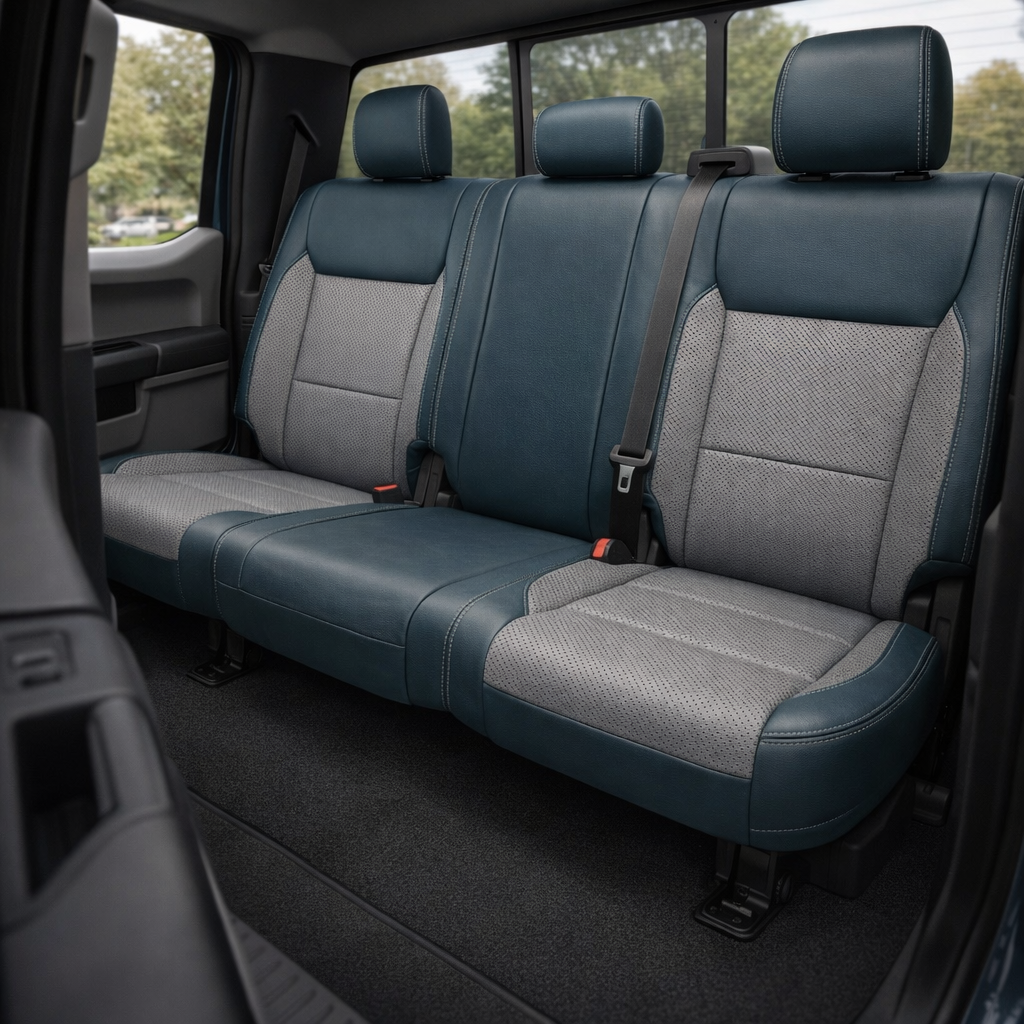 Rear in-cabin view of a 2021–2026 Ford F-250 XLT showing the Leatherteck rear bench seat with blue main seat color, Lunar Gray perforated combo center inserts, Lunar Gray perforated accent panels, and Lunar Gray contrast stitching throughout, featuring three headrests, visible seatbelts, and the rear window behind the seat.