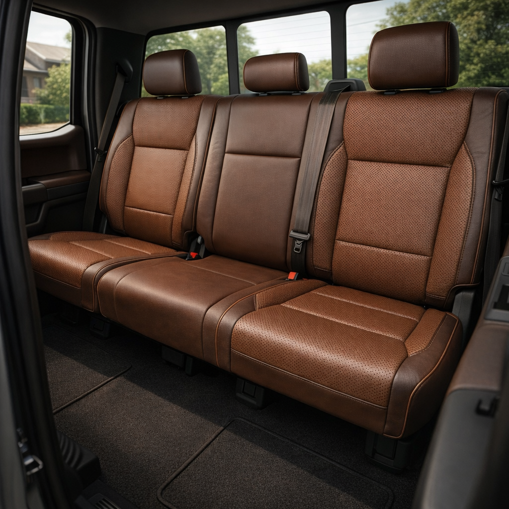 Rear in-cabin view of a 2021–2026 Ford F-250 XLT showing the Leatherteck rear bench seat in Coffee Brown with Mahogany Brown perforated inserts on the outboard seatbacks and seat cushions, Mahogany Brown perforated accent panels, and piping with contrast stitching, featuring three headrests, visible seatbelts, and the rear window and door panels in the background