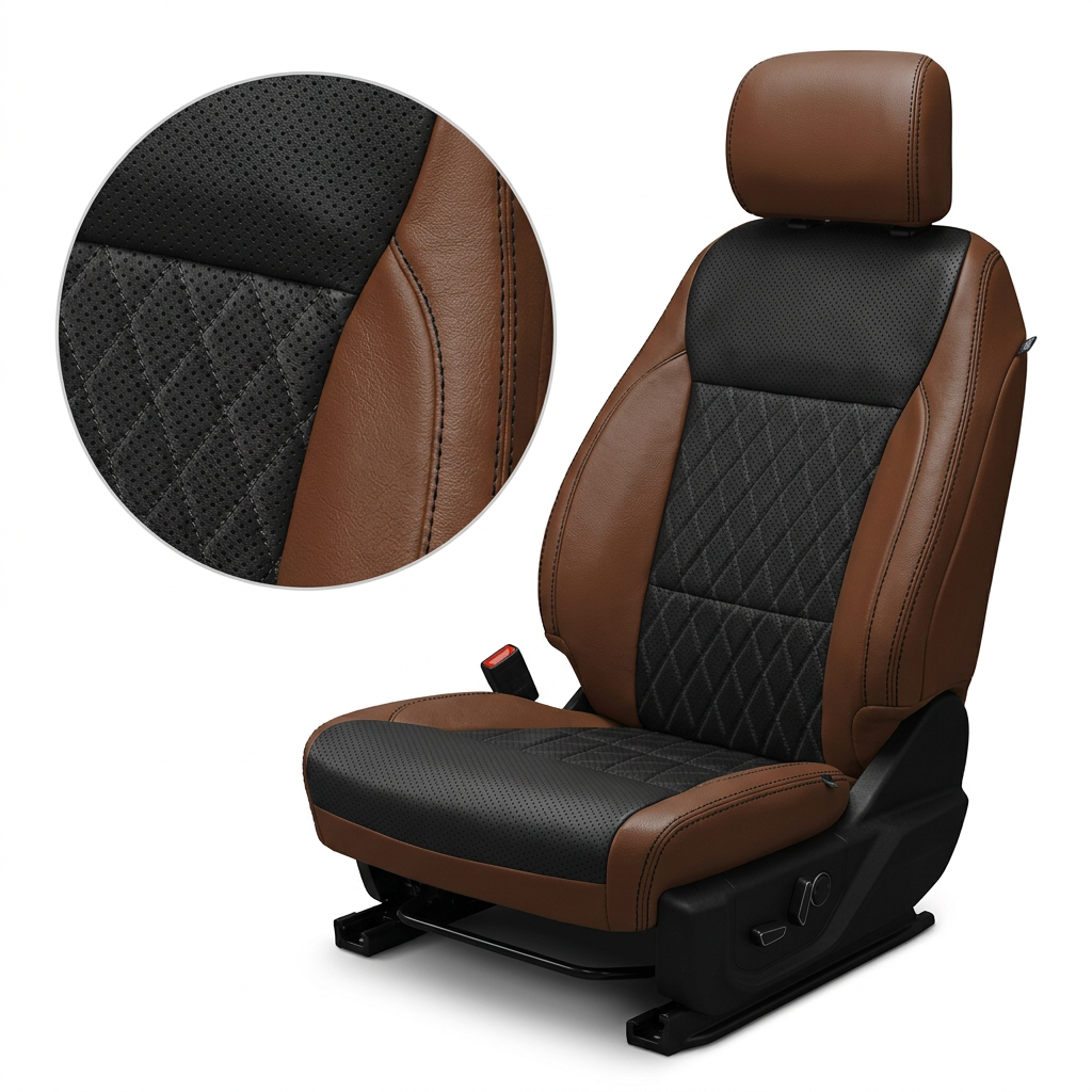 Close-up product image of a Leatherteck leather seat cover for a 2021–2026 Ford F-250 XLT in mahogany brown with black perforated inserts, a black diamond-stitched center panel, and black contrast stitching, with an inset detail highlighting the perforation and stitching on a white background.