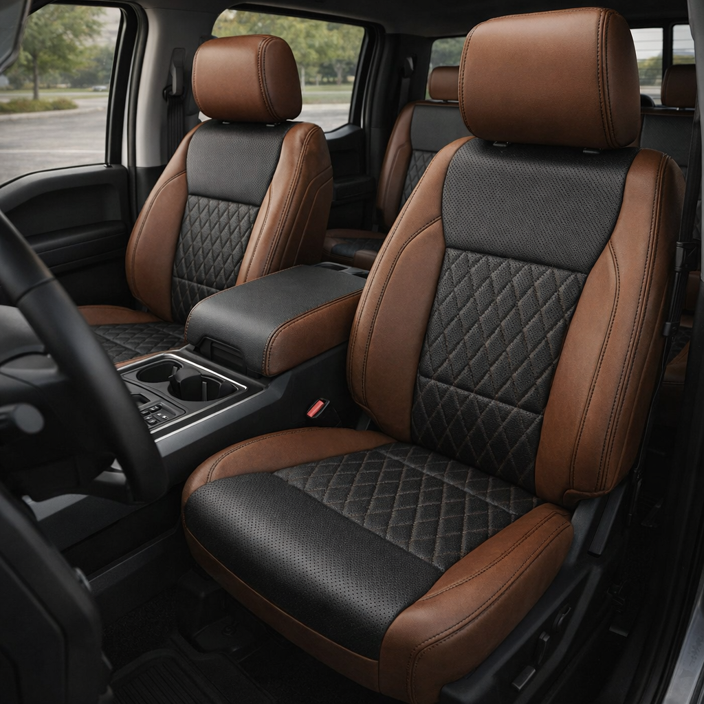 Front in-cabin view of a 2021–2026 Ford F-250 XLT with Leatherteck leather seat covers in mahogany brown, featuring black perforated inserts, a black diamond-stitched center panel, and black contrast stitching on the front buckets and center console armrest.