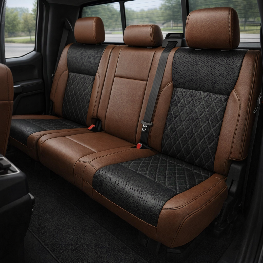 Rear in-cabin view of a 2021–2026 Ford F-250 XLT with Leatherteck leather seat covers in mahogany brown, featuring black perforated inserts, black diamond-stitch panel details on the outer seats, and black contrast stitching across the rear bench and headrests.