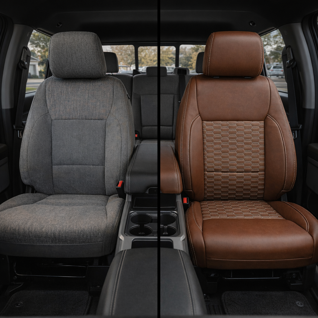 Before-and-after front in-cabin view of a 2021–2026 Ford F-250 XLT: left shows the factory gray cloth front seat, right shows a Leatherteck upgrade with mahogany main seat color, a silver Double Hex insert pattern on the seatback and cushion, and silver contrast stitching throughout, separated by a vertical center divider with the center console visible.