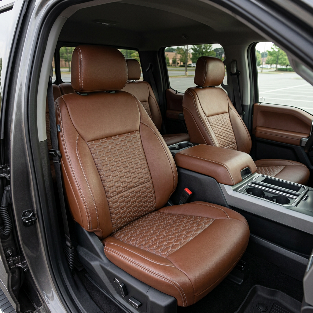 Front in-cabin view of a 2021–2026 Ford F-250 XLT showing Leatherteck seat covers in mahogany with a silver Double Hex insert pattern on the seatback and cushion centers, plus silver contrast stitching throughout, with the center console and matching rear seats visible.